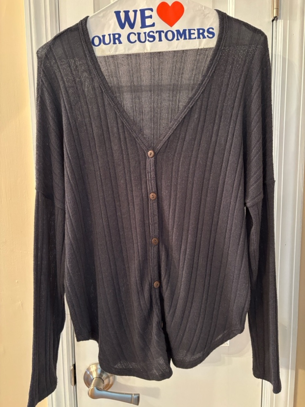 Women’s Charcoal Ribbed V-Neck Button Cardigan Sweater
